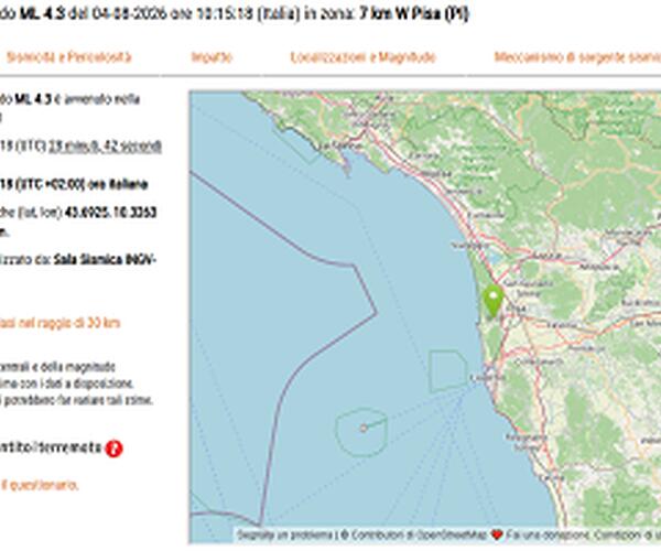 Forte scossa di terremoto nel pisano. Paura in Toscana